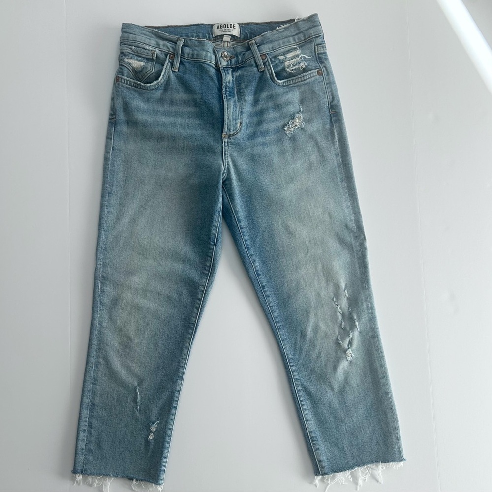 Agolde Sophie Denim Jeans High Rise Cropped Raw Hem Destruct Blue Womens Size 27 - Picture 2 of 16
